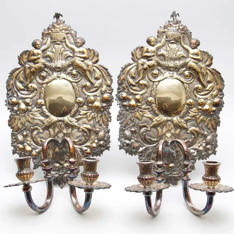 Pair of Baroque Repoussé Metal Two-Light Wall Sconces