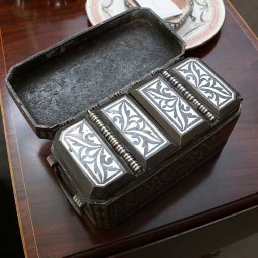 silver bronze betel nut box open