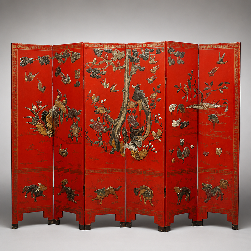 Antique Chinese Red Lacquer Six-Panel Folding Screen