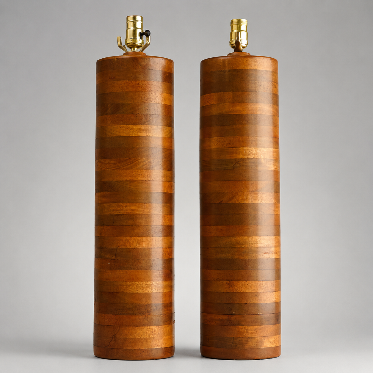 Pair of Mid-Century American Stacked-Wood Folk Art Lamps