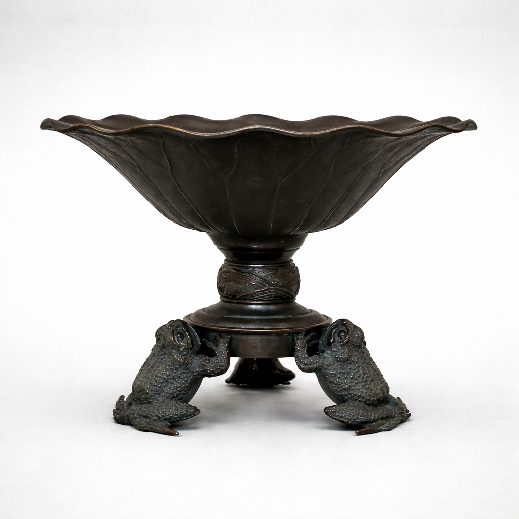 Japanese Bronze Ikebana Vessel with Sculptural Frog Base