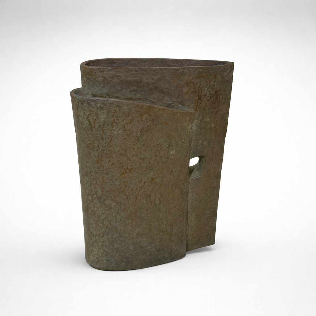 Postmodern Sculptural Bronze Vessel with Architectural Form and Verdigris Patina