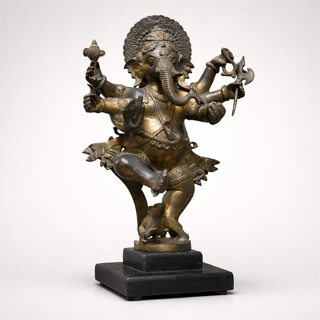 Antique Bronze Dancing Ganesha Sculpture with Multi Arms on Wood Base