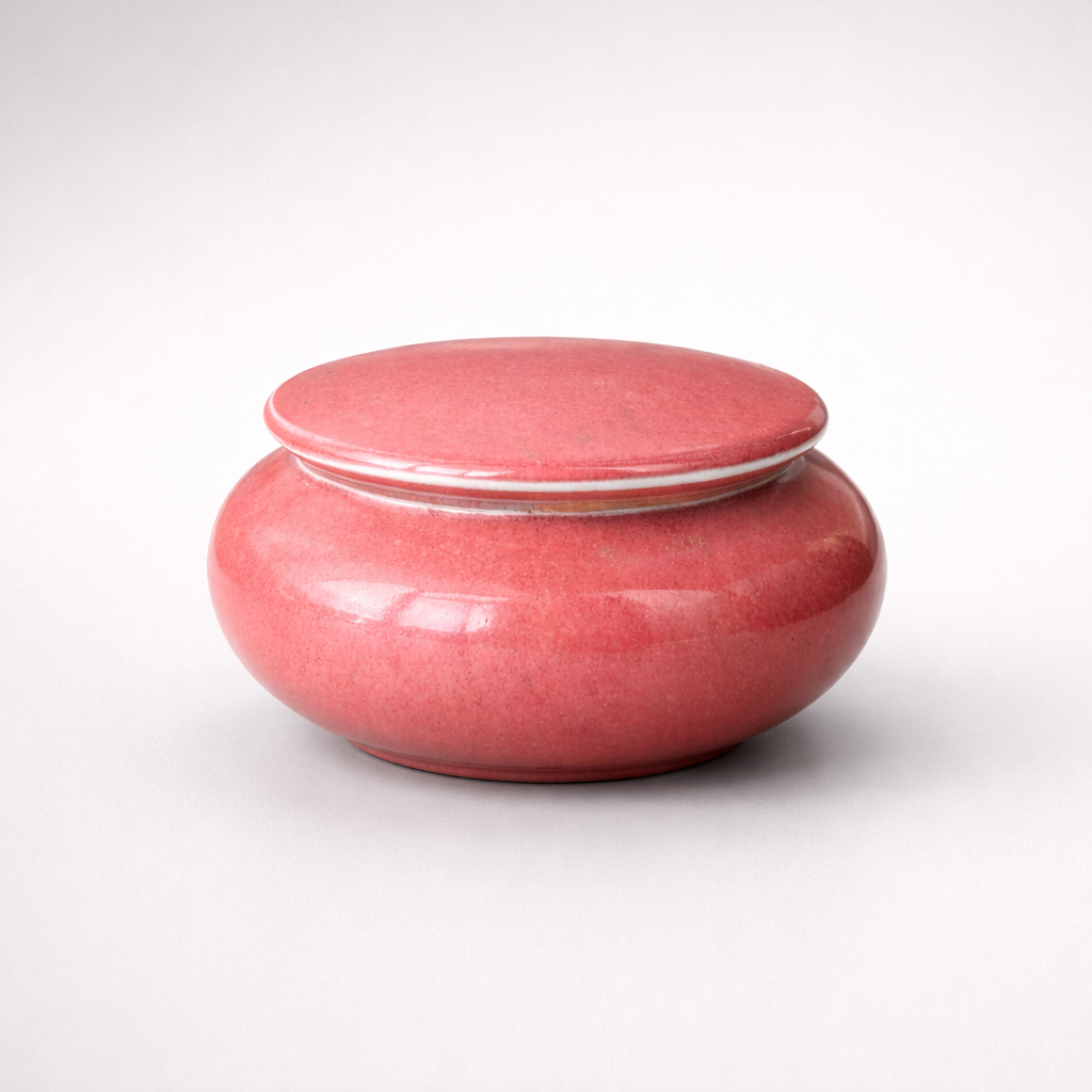 Japanese Studio Porcelain Lidded Box with Coral Red Glaze