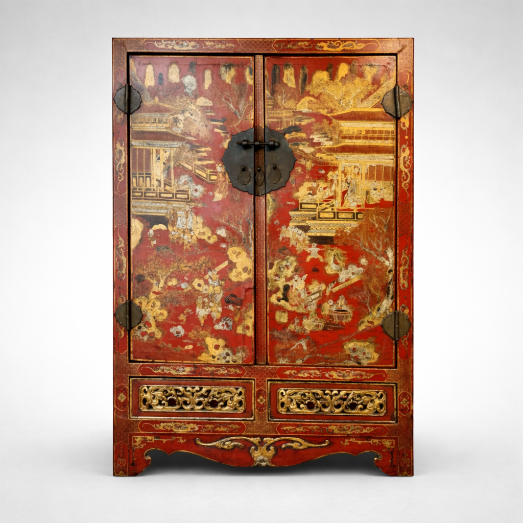 Antique Chinese Red Lacquer Gilt-Painted Cabinet with Landscape Scenes