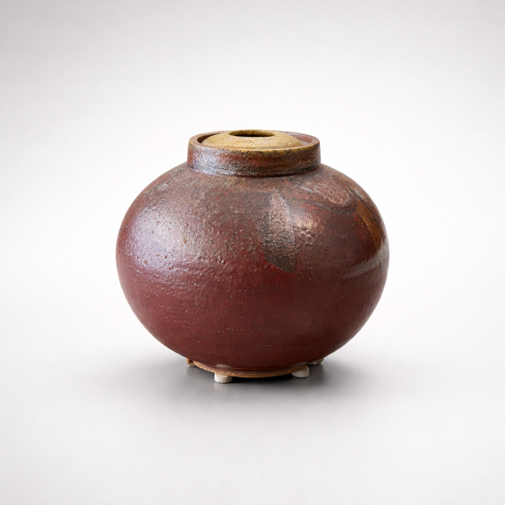 Japanese Studio Pottery Tea Caddy with Iron-Red Glaze
