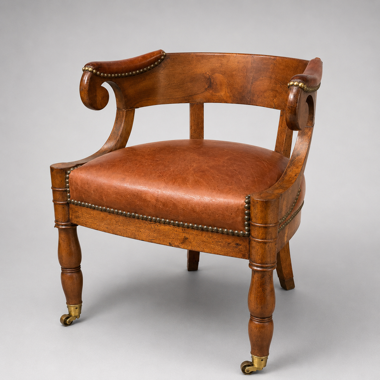 Antique French Walnut and Leather Fauteuil