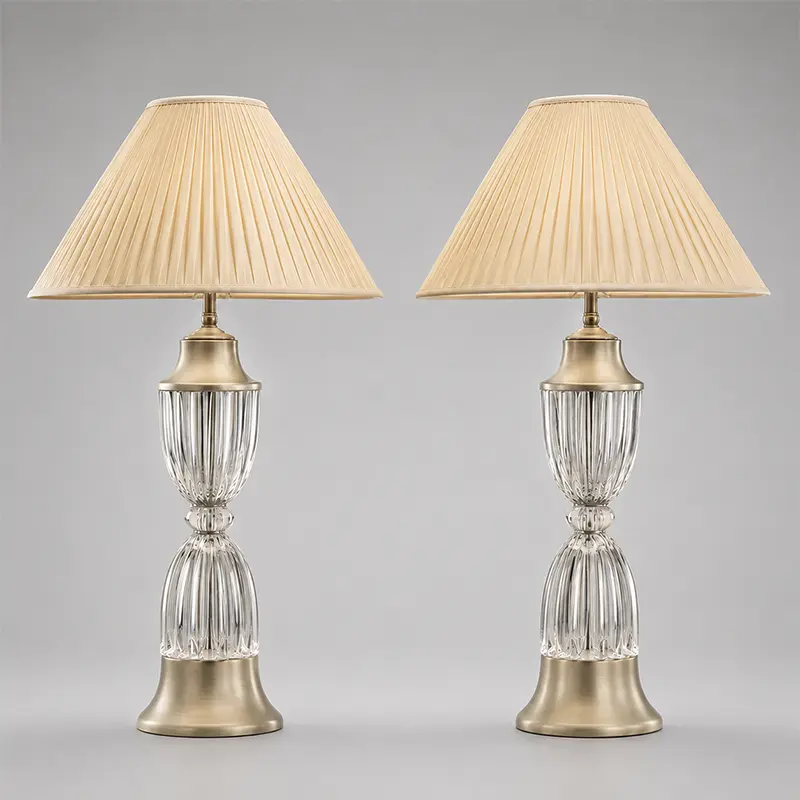 Pair of Brushed Aluminum and Fluted Glass Table Lamps