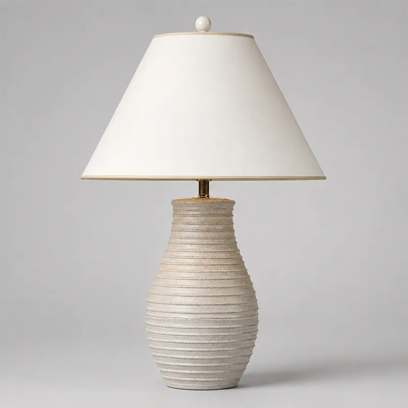 Mid-century ribbed pottery table lamp with ivory glaze, circa 1960–1970