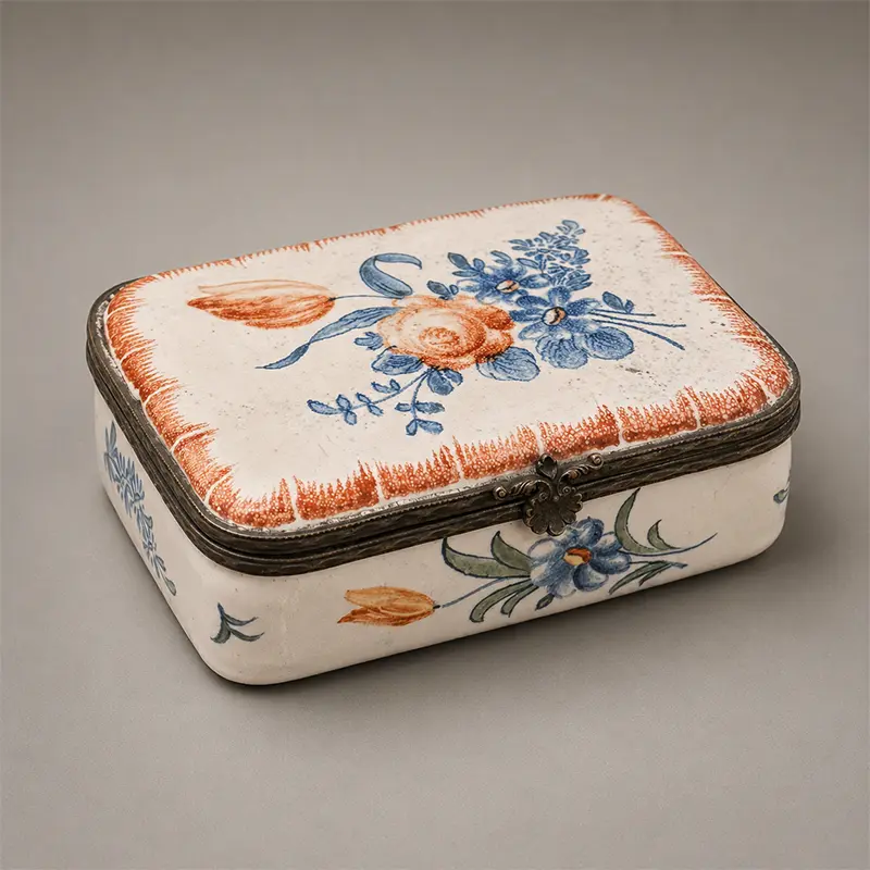 18th-century French faience box attributed to Veuve Perrin, Marseille, with hand-painted floral decoration and metal mounts.