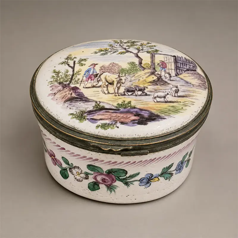 18th-century Veuve Perrin Marseille faience pastoral box with hand-painted figures, animals, floral garlands, and metal mounts.