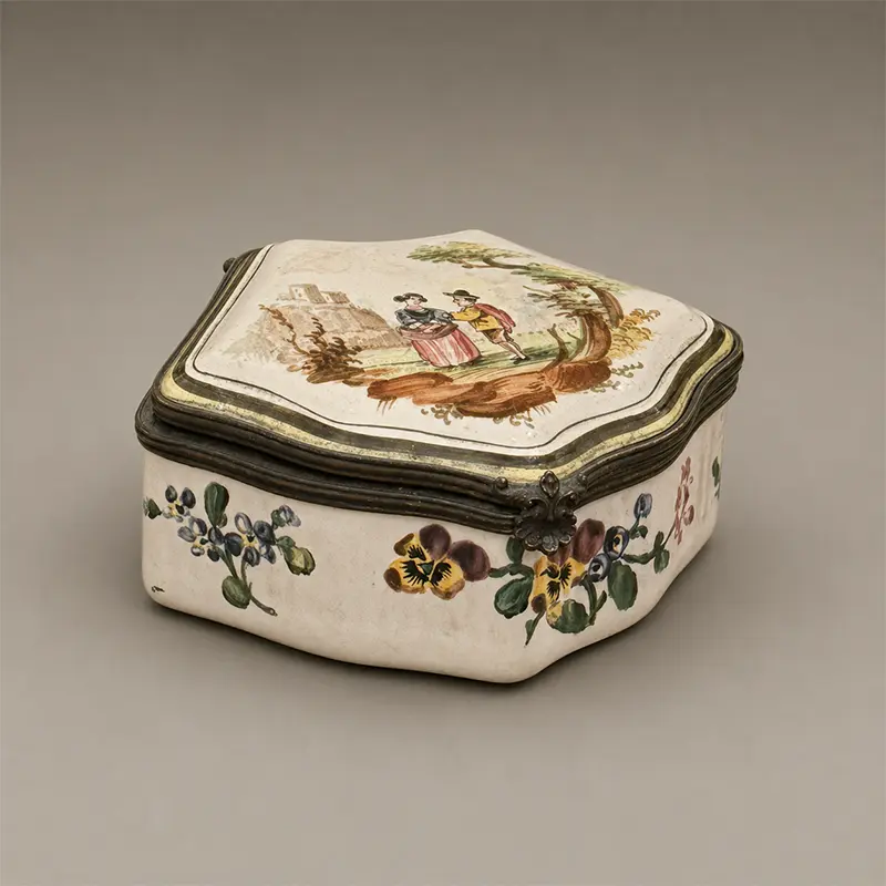 18th-century Marseille faience courtship box attributed to Veuve Perrin, with painted figures, floral decoration, and metal mounts.
