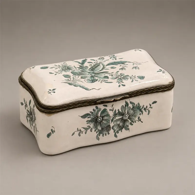 18th-century Marseille faience floral box attributed to Veuve Perrin, with green hand-painted flowers and patinated metal mounts.