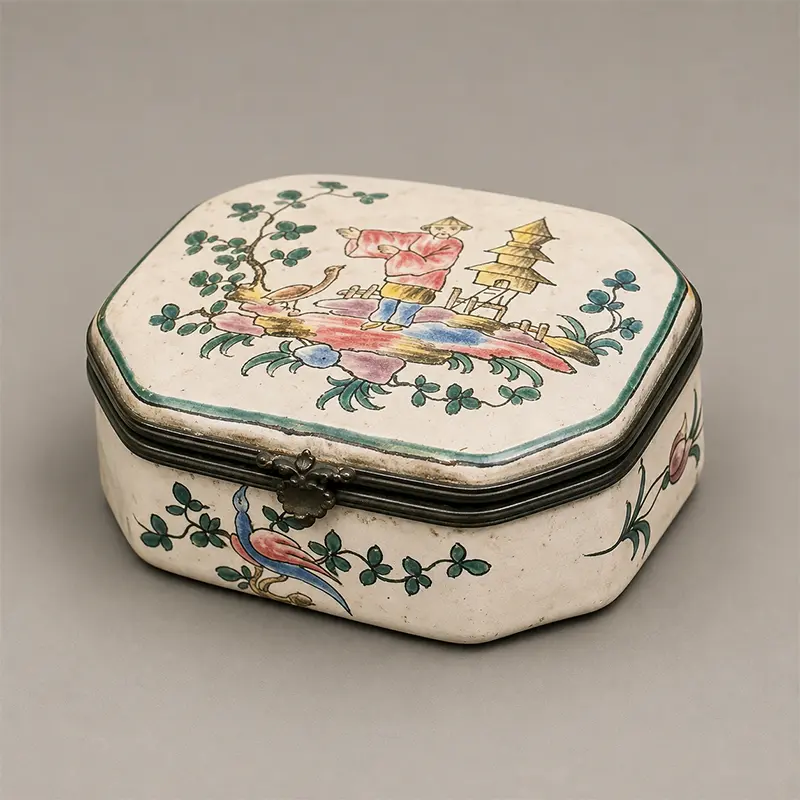 18th-century Marseille faience chinoiserie box attributed to Veuve Perrin, with painted figure, pagoda, bird, and metal mounts.