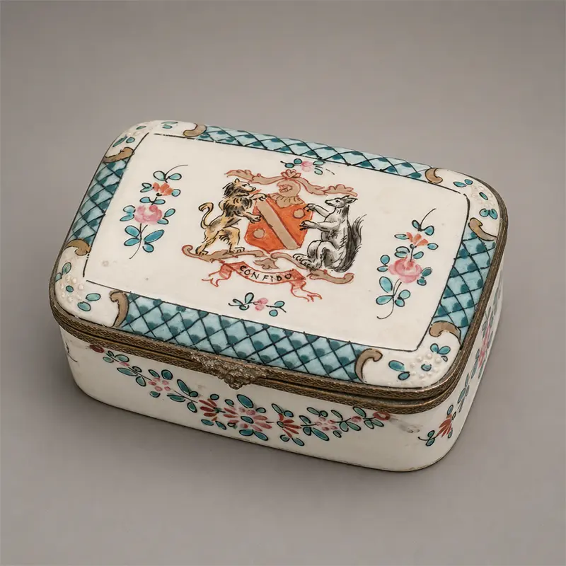 Late 19th-century French faience heraldic box with Confido motto, turquoise lattice border, floral decoration, and metal mounts.
