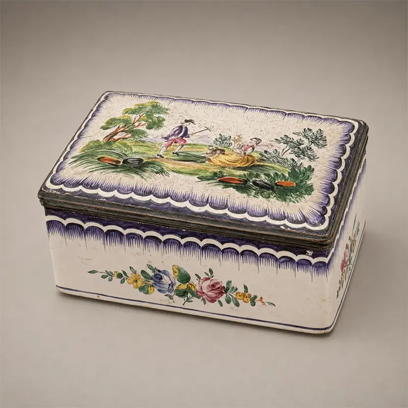 18th-century French faience pastoral landscape box with hand-painted figures, floral decoration, purple scalloped border, and metal mounts.