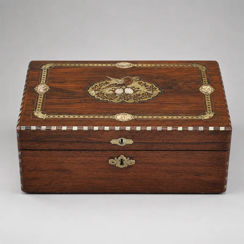English rosewood writing desk with brass and mother-of-pearl inlay, circa 1860–1880