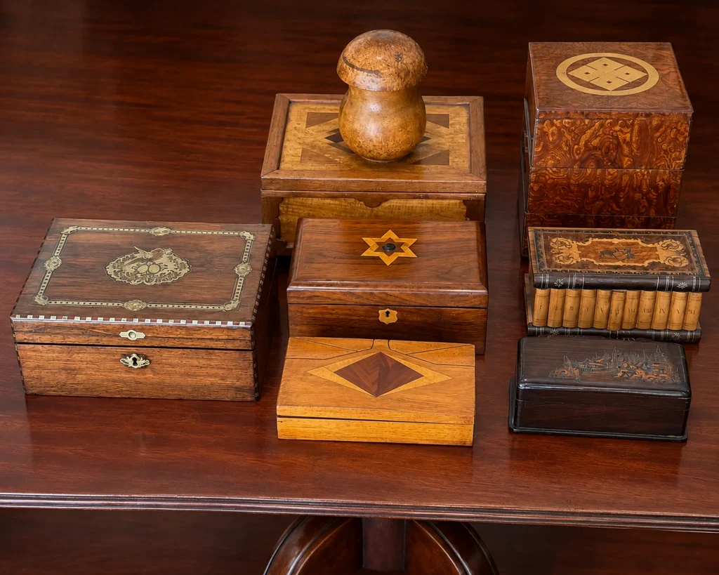 Collection of antique boxes.