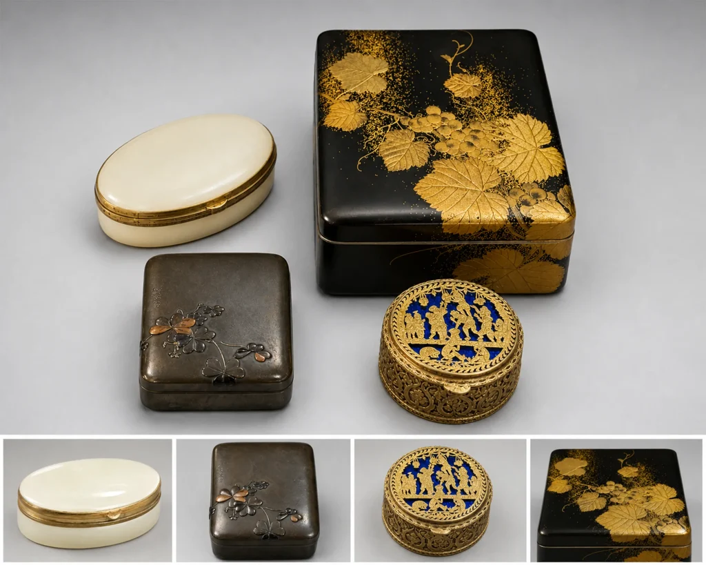 Image of several boxes. An opaline box, bronze box, a cobalt and brass box and lacquer box.