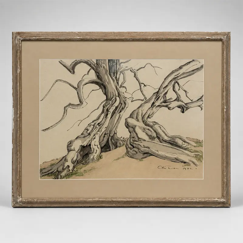 Framed Olin Dows watercolor of gnarled trees, signed and dated 1957, presented in a distressed silver-tone frame.